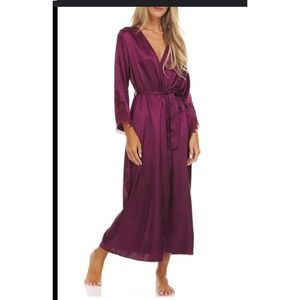 NEW! Flora Nikrooz Sz S/M Stella Satin Venise Trim Long Wrap Robe Bordeaux